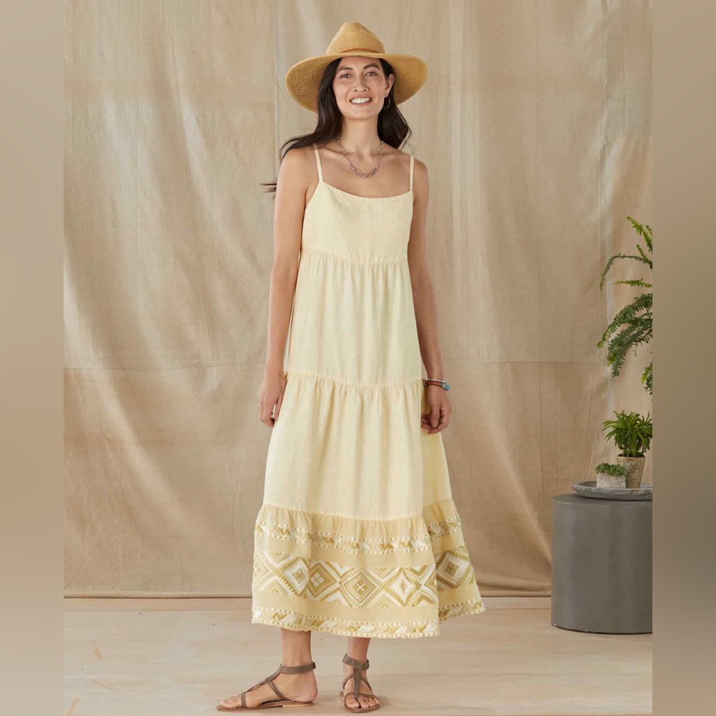 Nwot Harris Cotton Maxi Linen Strap Dress With Embroidered Panels On The Hem